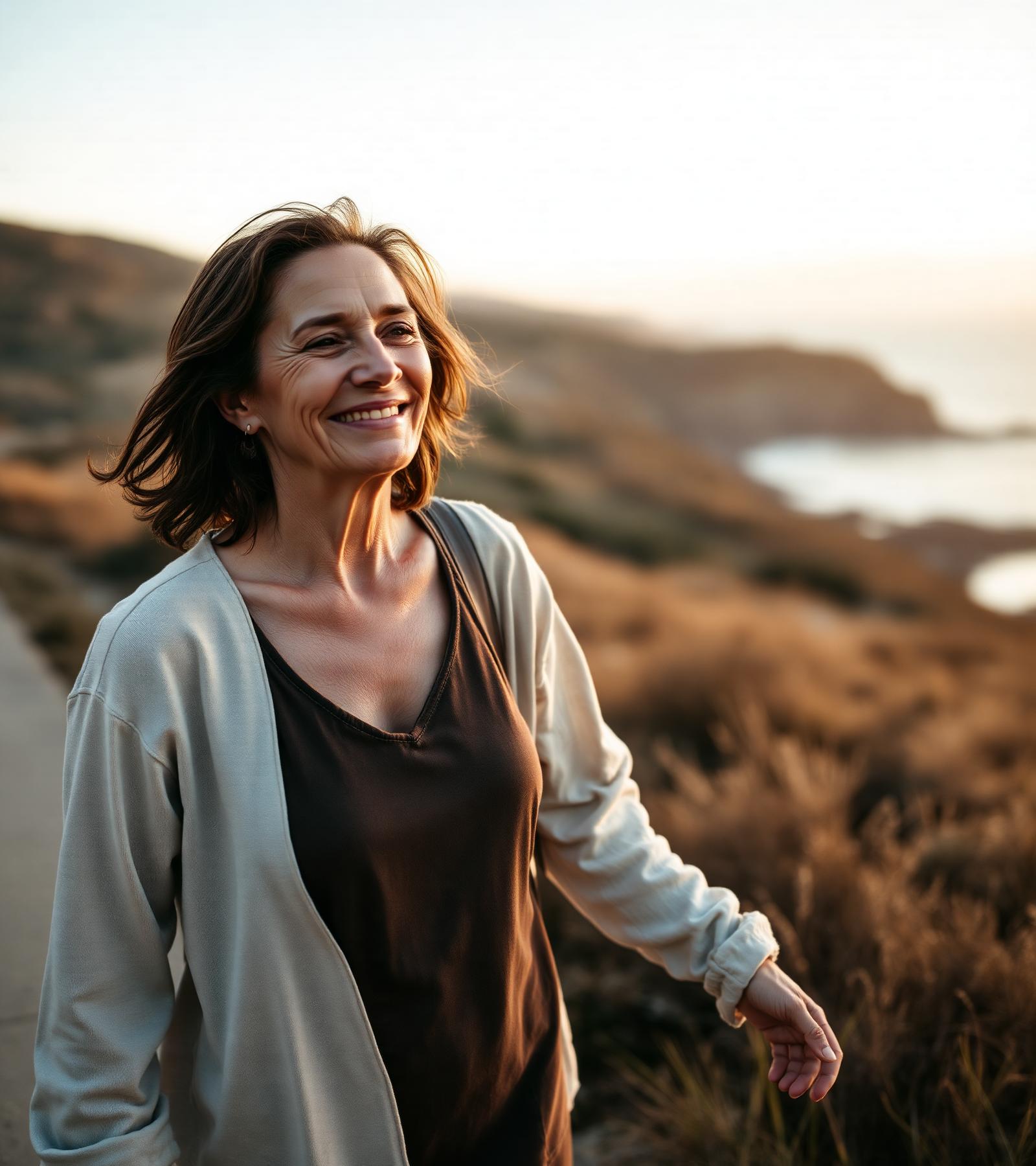 Mujer sonriendo al aire libre en la costa chilena